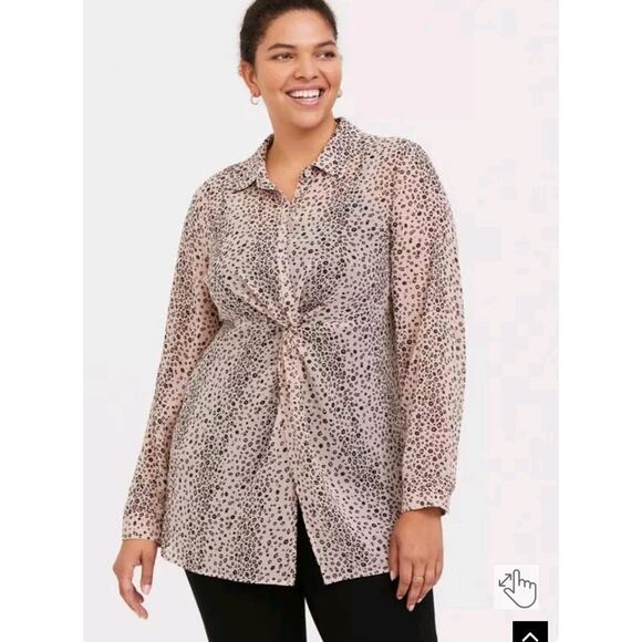 TORRID Taupe & Pink Leopard Chiffon Front Twist Tunic Top Shirt Size 0 Plus Size - Picture 2 of 11